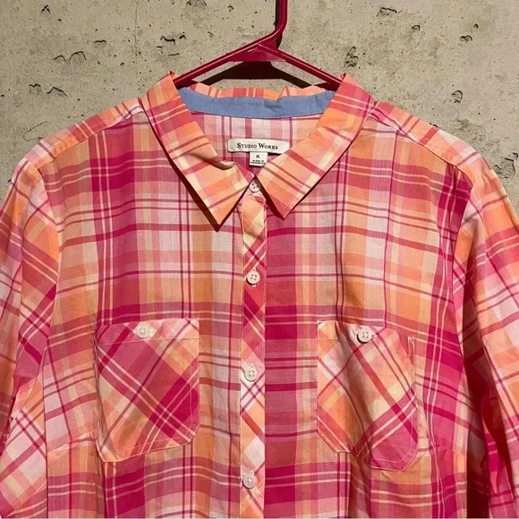 Studio Works NWT Women’s Pink Orange Coral PLAID BUTTON DOWN SHIRT BLOUSE SZ XL - Picture 4 of 9